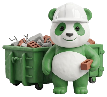 Mascotte panda Tuz Cart con casco da cantiere accanto a un cassone di macerie edili