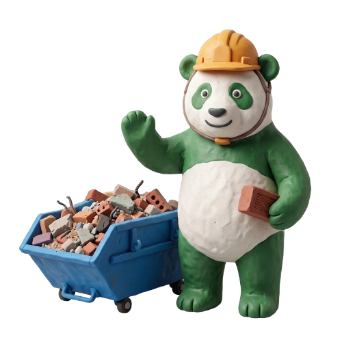 Panda con casco accanto a un cassone di macerie edili