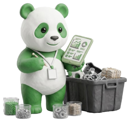 Mascotte panda Tuz Cart con tesserino e tablet di controllo, simbolo di autorizzazioni e tracciabilità
