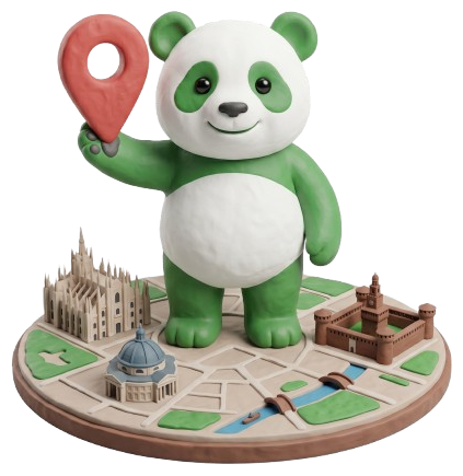Mascotte panda Tuz Cart che indica una mappa 3D di Milano con i monumenti e le zone servite