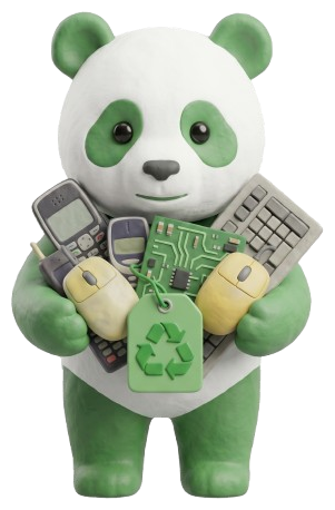 Mascotte panda Tuz Cart che abbraccia vecchi dispositivi elettronici da riciclare (RAEE)