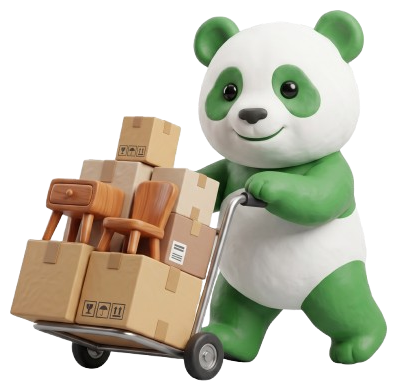 Mascotte panda Tuz Cart che spinge un carrello con scatoloni e mobili durante uno sgombero