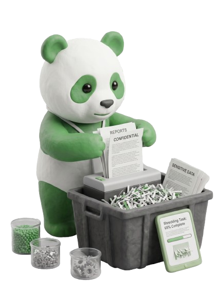 Mascotte panda Tuz Cart che distrugge documenti riservati con dati sensibili in un distruggidocumenti