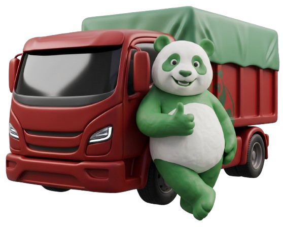 Mascotte panda Tuz Cart con pollice in su accanto al camion rosso